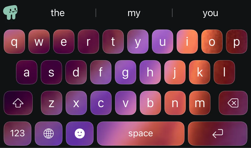 A photo of purple and orange silk showing through each key, on a dark keyboard.
