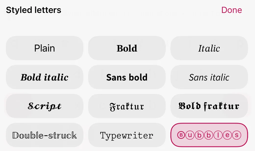 The Styled letters panel open over the keyboard, offering Plain, Bold, Italic, Bold italic, Sans bold, Sans italic, Script, Fraktur, Bold fraktur, Double-struck, Typewriter and Bubbles.