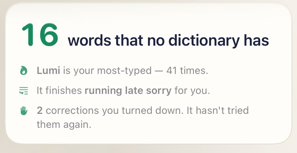 A card reading: 16 words that no dictionary has. Lumi is your most-typed, 41 times. It finishes “running late sorry” for you. 2 corrections you turned down; it hasn’t tried them again.